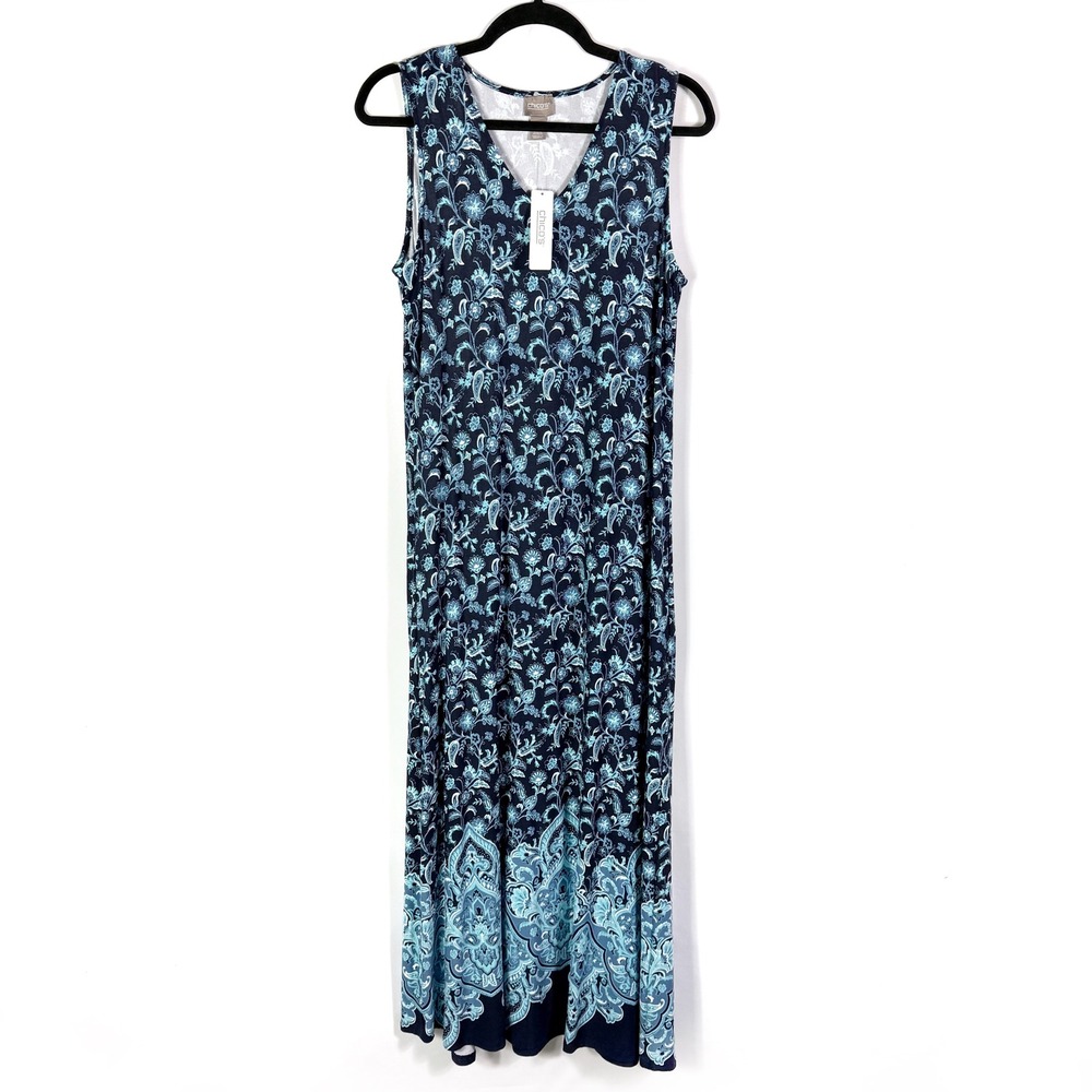 Chico's Briah Maxi Dress Desert Sand Floral Navy Blue Sleeveless Jersey Sz 1 / M